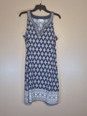 Sleeveless Navy & White Embroidered V-Neck Midi Dress